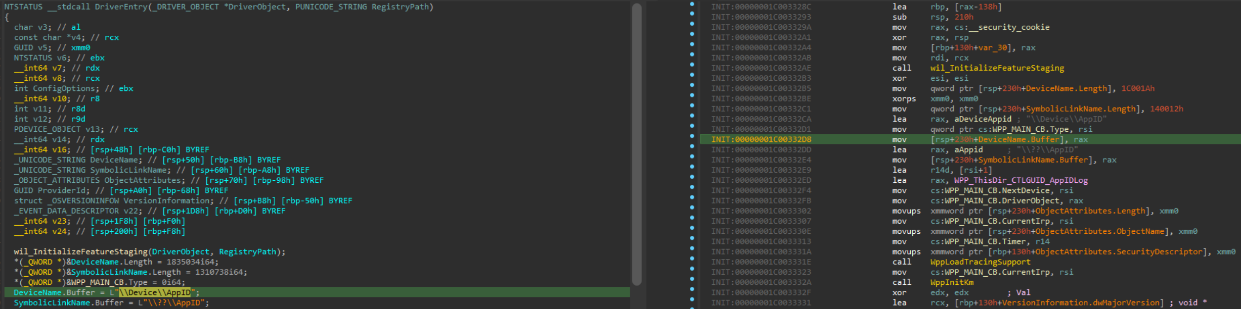 DriverEntry function, that the object we need to open a handle to is "\\Device\\AppID" as seen on the screenshot below.