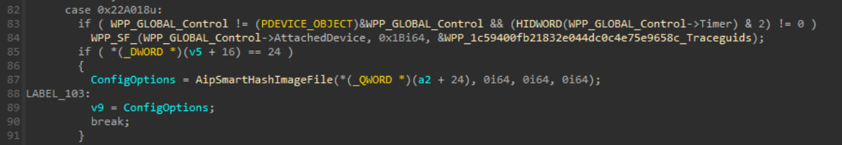 "AipSmartHashImageFile" function is being called through the IOCTL code of "0x22A018" as seen in the screenshot below.