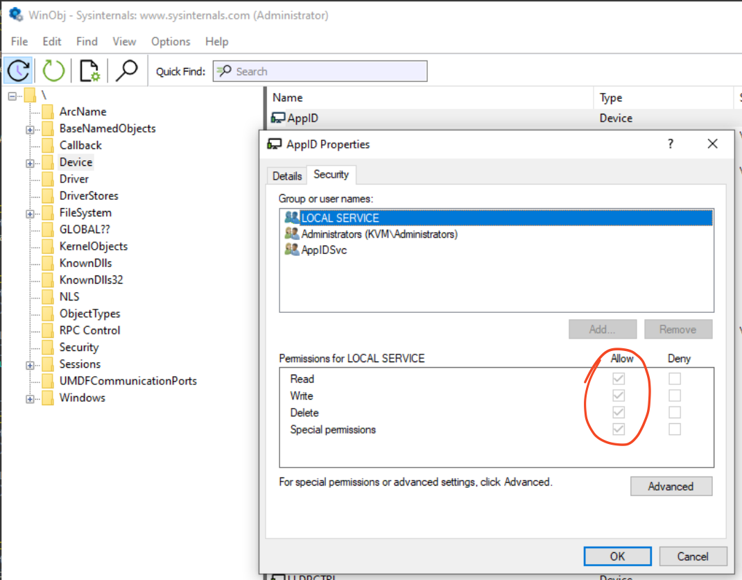 "LOCAL SERVICE" username does have the required "Write" permission to successfully access and call the function we need through the IOCTL code.