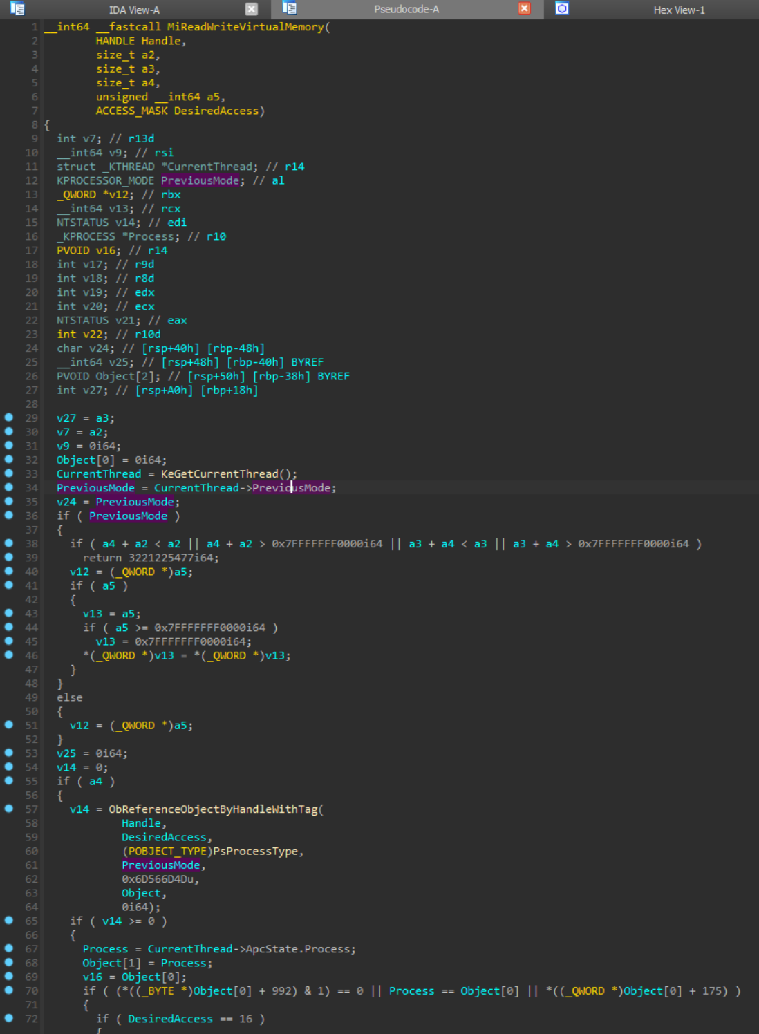 "NtWriteVirtualMemory" syscall code snippet taken from "ntoskrnl.exe" disassembly: