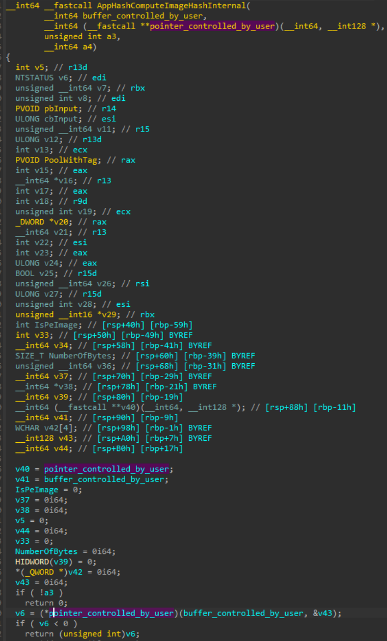 "AppHashComputeImageHashInternal" that executes a function pointer controlled by the user based on a buffer that is controlled by the user, in this case, controlled in our call to the 0x22A018 control code.