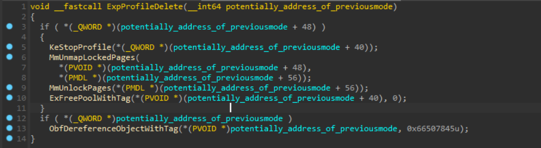 disassembly of the "ExpProfileDelete" function:
