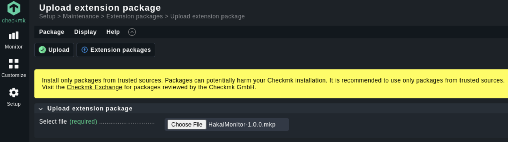 Figure 8 -&nbsp;Uploading the malicious&nbsp;HakaiMonitor-1.0.0.mkp&nbsp;package via the&nbsp;Checkmk&nbsp;web interface through the&nbsp;Extension packages&nbsp;section, simulating the attack flow using only the GUI without CLI access.