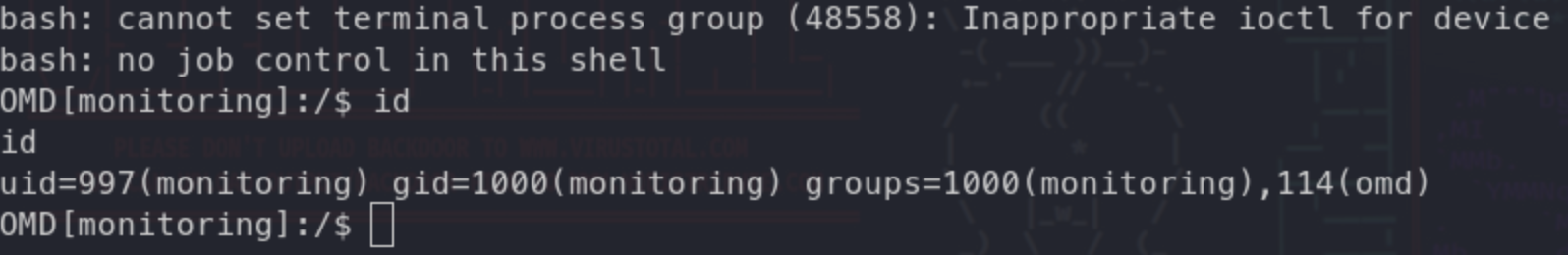 Figure 9 - Successful exploitation confirmed. The attacker receives a reverse shell from the target Checkmk server with the privileges of the monitoring user, demonstrating the full impact of the vulnerability.