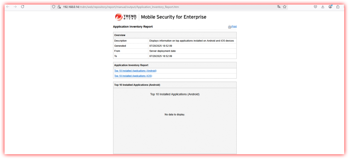 Application Inventory Report page with links “Top 10 Installed Applications (Android/iOS)”; viewed over an unauthenticated session