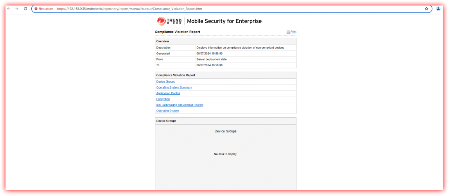 Compliance Violation Report with sections for Device Groups, Operating System Summary, Application Control, Encryption, iOS Jailbreaking and Android Rooting; unauthenticated access.