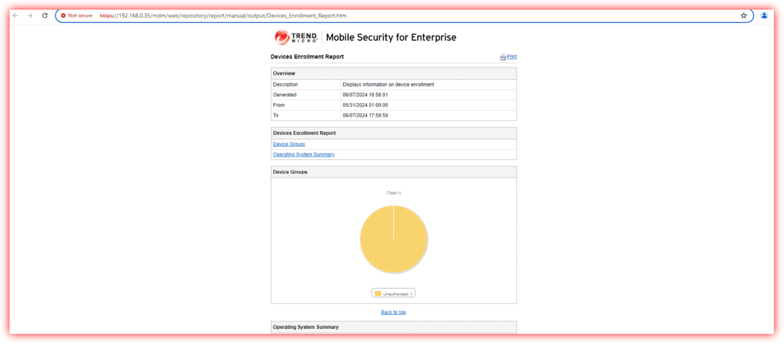 Devices Enrollment Report shows date range, Device Groups, and a pie chart of enrollment distribution; page loads without login.