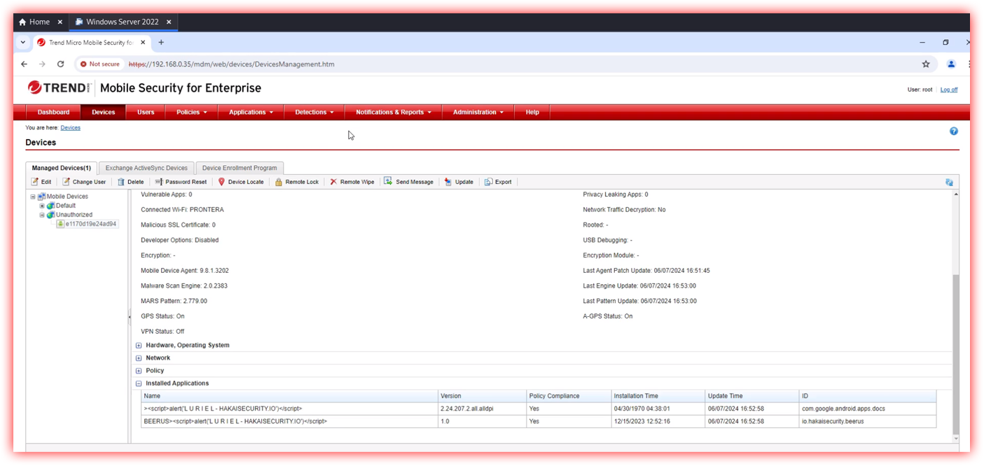 TMMS Devices Management page shows application names that include literal <script> tags, confirming the tainted value is stored.