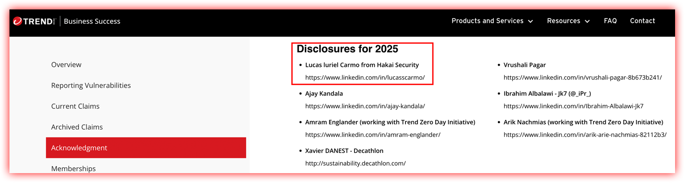 Screenshot of Trend Micro’s 2025 Acknowledgment page showing the list of recognized researchers, including Lucas Luriel Carmo from Hakai Security
