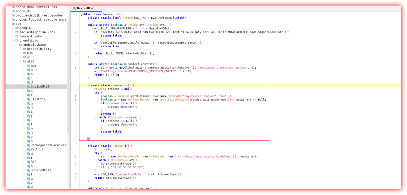 JADX view of DeviceUtil.c() showing a root probe via Runtime.exec()