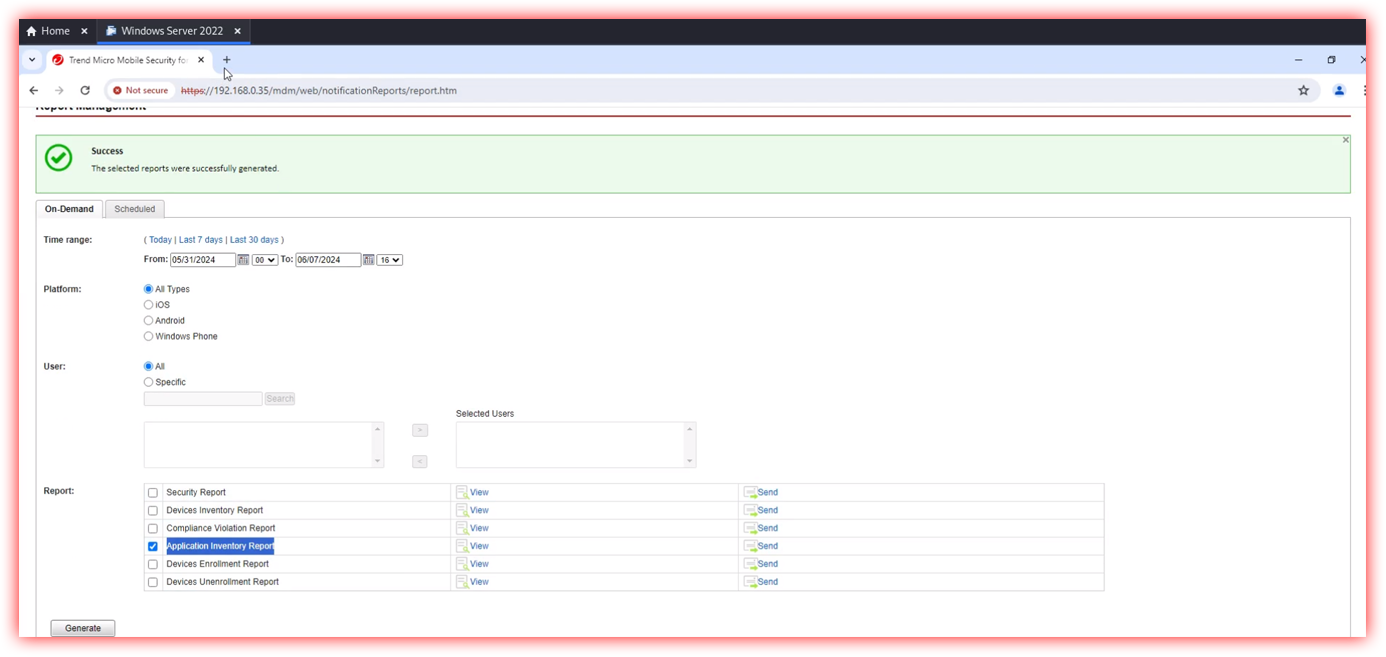 Report Management screen with “Application Inventory Report” selected and a success banner indicating the report was generated.