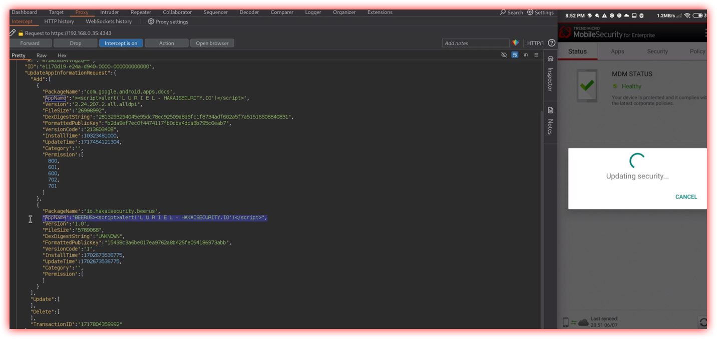 XSS01.png Burp intercept shows UpdateAppInformationRequest with AppName containing a <script> payload while the mobile agent displays “Updating security…”.