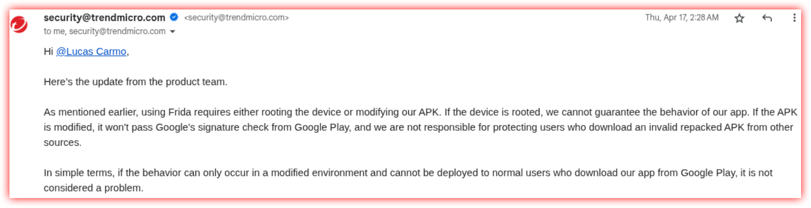 Vendor response summarizing the position on runtime instrumentation and repacked builds.